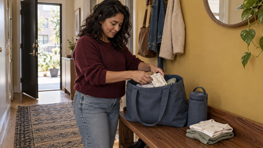 A mother packing folded baby clothes and a clean bottle bag on a hallway bench beside a daycare tote.