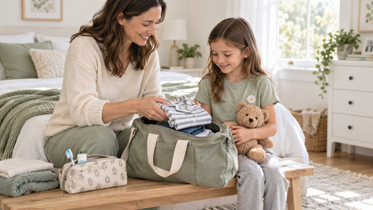 Illustrative scene of a parent helping a school-age child pack pajamas and a teddy bear for a sleepover.