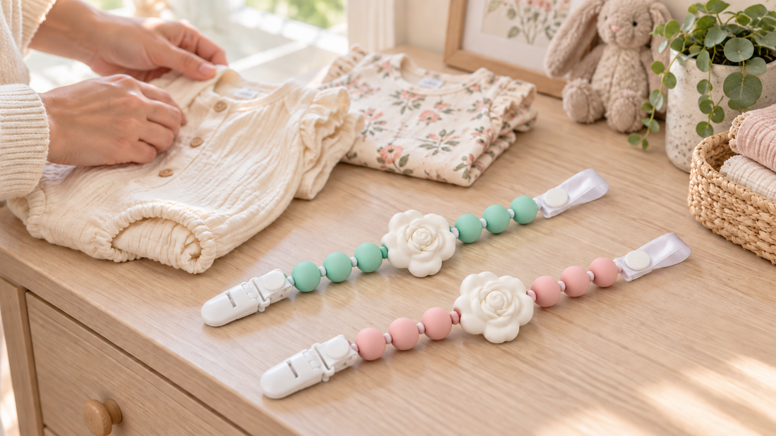 Illustrative lifestyle scene of mint and pink floral pacifier holders beside baby clothes as a parent prepares an outfit.