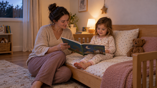Mother reading with her toddler sitting upright in her own bed, with her legs resting on the mattress.