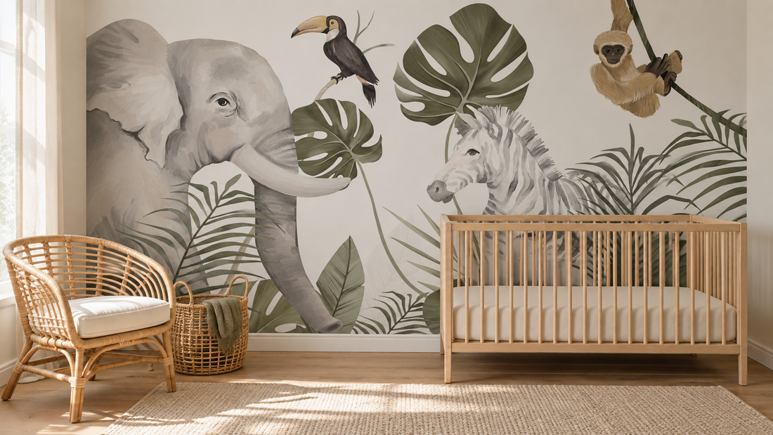 Safari nursery concept with an elephant and zebra mural, a beech crib, a rattan chair and a woven storage basket.