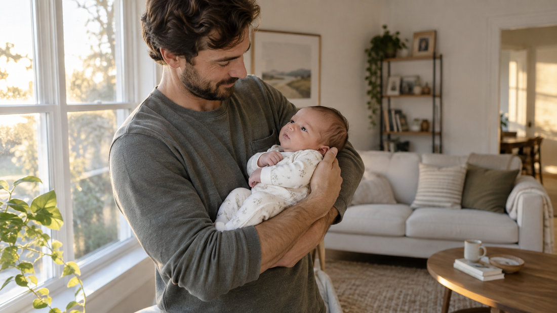 A father securely holding an awake newborn beside a living room window in late afternoon.