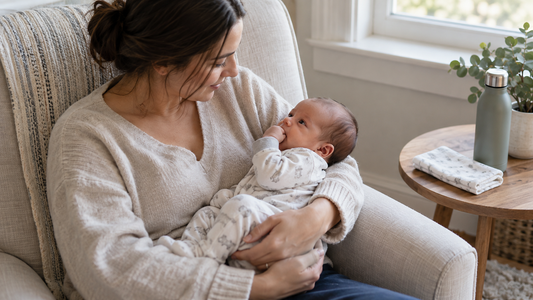 A mother watching her awake newborn bring a hand near their mouth while held securely.