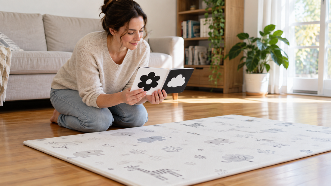 A parent preparing a thin play mat and a baby board book on a bright living room floor.