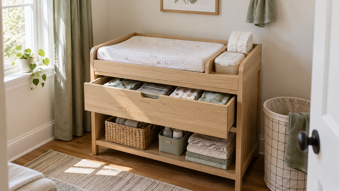 Illustrative compact changing station with daily supplies, folded spare clothes and a separate laundry hamper.