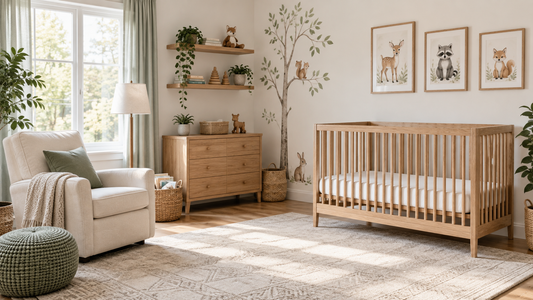 Illustrative woodland nursery with animal artwork, natural wood furniture and an empty crib with a fitted sheet.