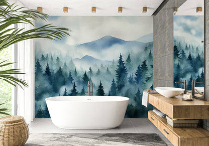 Misty Forest Wallpaper with Serene Watercolor Design for Calming Ambiance
