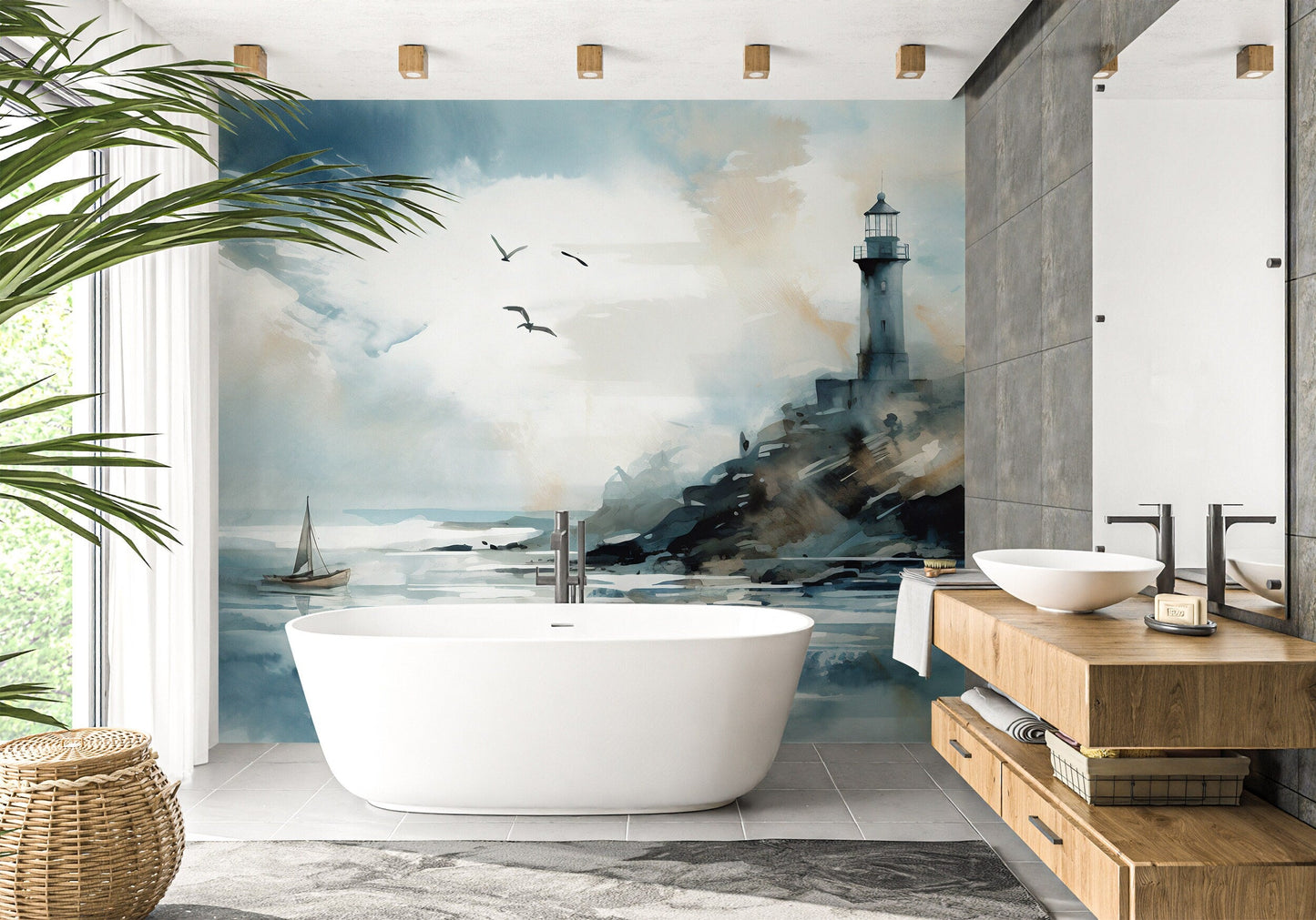 Watercolor Nautical Lighthouse Mural