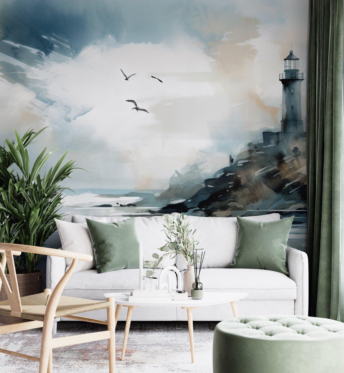 Watercolor Nautical Lighthouse Mural