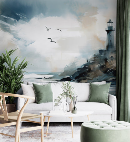 Watercolor Nautical Lighthouse Mural