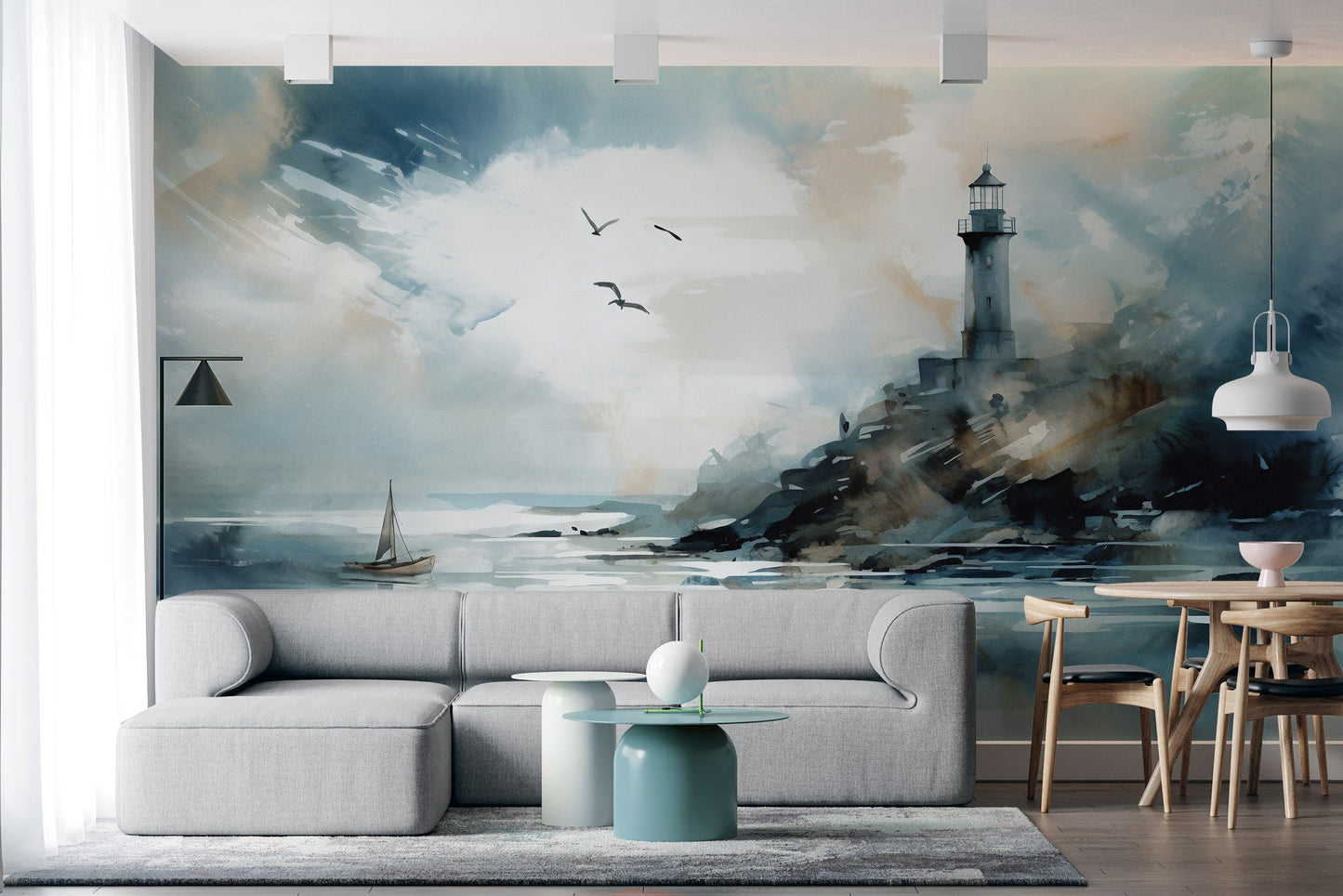 Watercolor Nautical Lighthouse Mural