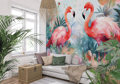 Watercolor Tropical Flamingo Mural