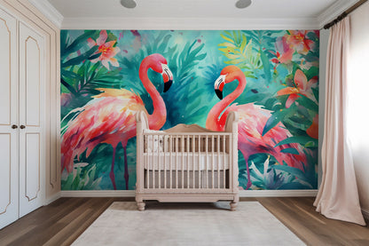 Colorful Flamingo Watercolor Painting Mural