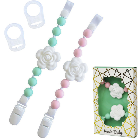 Silicone Pacifier Clip and Teether Holder Set - Pastel